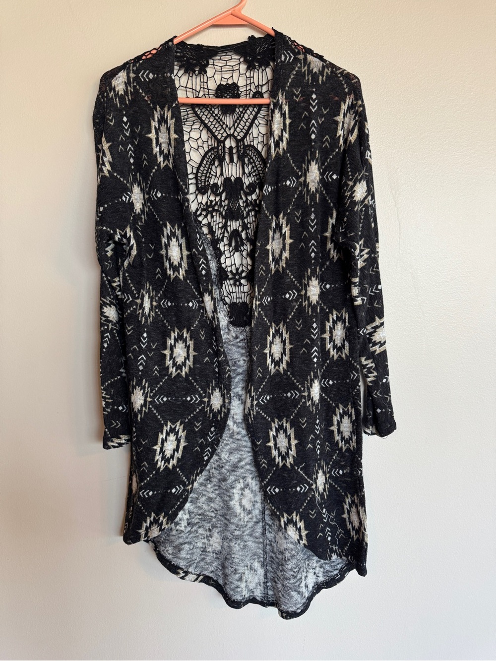 Xhilaration Boho Crochet Lace Back Aztec Cardigan Sweater Medium M Black